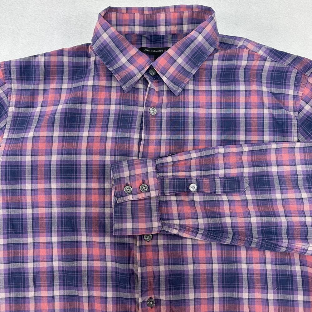 John Varvatos‎ USA Shirt Mens Large Purple Pink Plaid Button Front Cotton